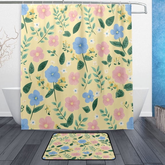 TTYFWHD 60" x 72" Shower Curtain and Bath Mat Set Sweet Buttercup Floral Bloom Waterproof Bathroom Curtain with 12 Hooks, Bathroom Decor Set