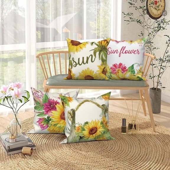 Pbobriich Sunflower Sunshine Throw Pillow Case 18x18 Set of 4,Summer Farmhouse Pillowcase Cushion Cover Outdoor Decor