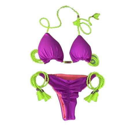 Lqideymx High Waisted Thong Bikini Sets for Women Plus Size Women s 2 Piece Bathing Suits Halter Ring Bikini Set Push up Tummy Control Cover up Coverage Bottoms Gifts for Women Warehouse Clearance
