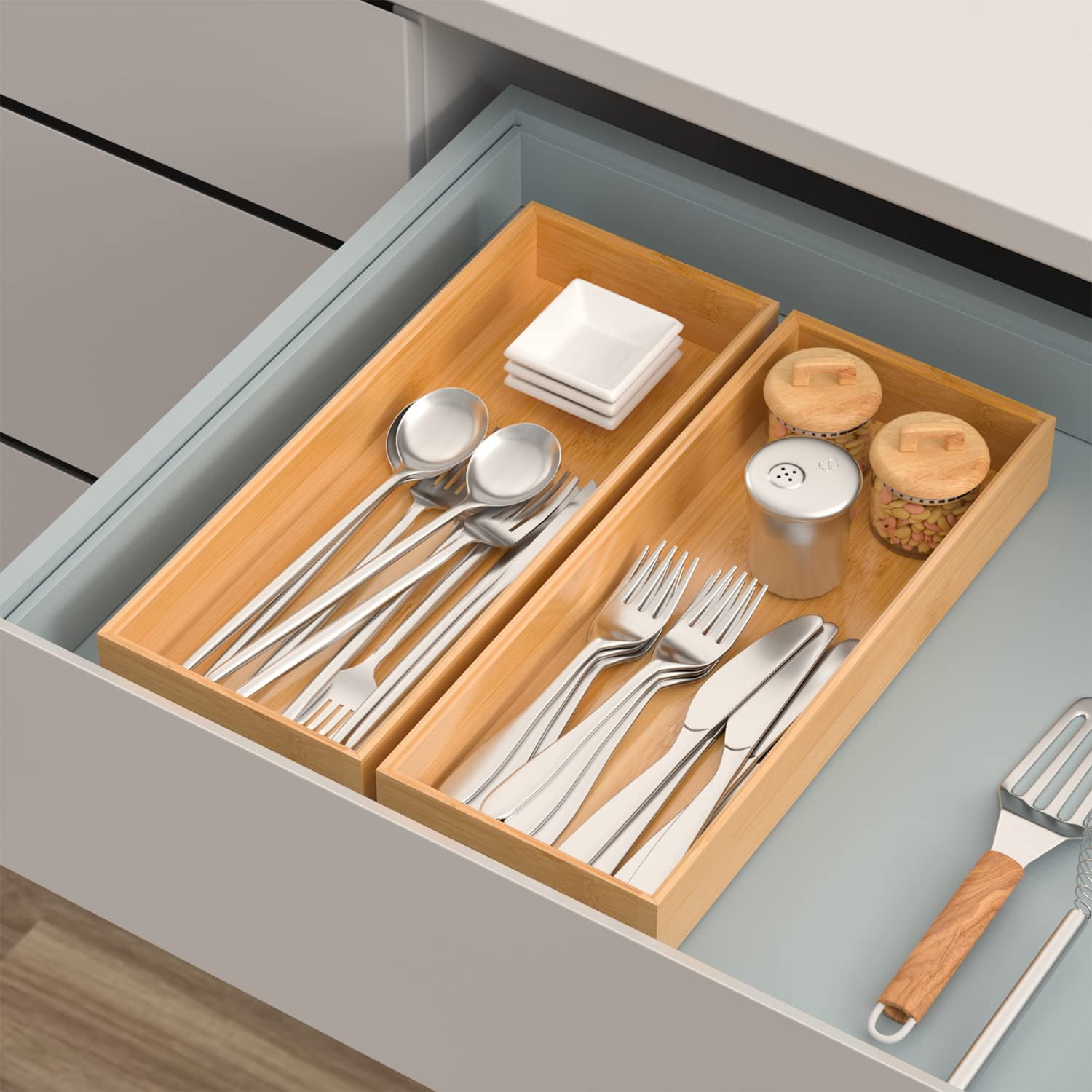 Bamboo Drawer Organizer, Stackable Utensil Organizer for Kitchen, Storage Box Wood Silverware Tray 15" x 6" 2" Set of 2