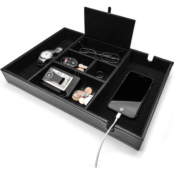 , Valet Tray for Men, Nightstand Organizer, Entry Table Organizer, Catch All, Black Faux Leather Box, 6 Compartments