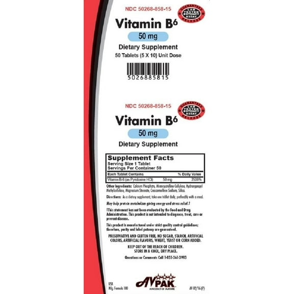 AVPak Vitamin B-6 Tablets, 50 mg, 50 Count