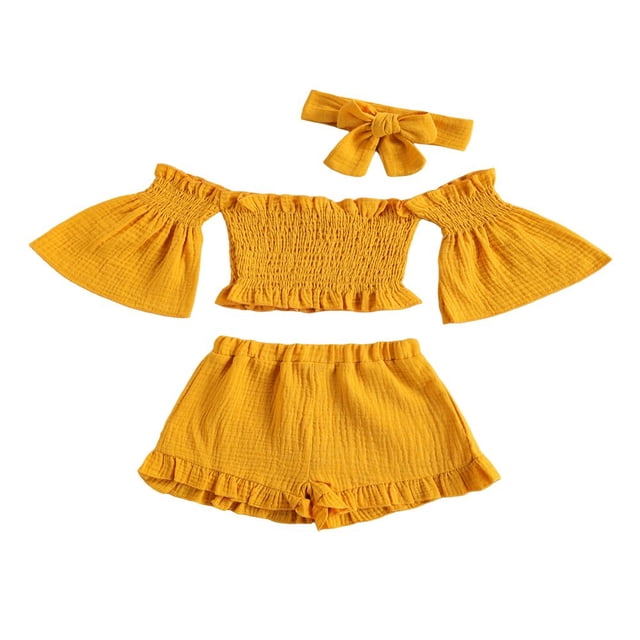 AMERTEER 3 Pcs Bébé Tenues Bébé Filles hors Épaule Fusée Manches Tops + Short à Volants + Bandeau Bowknot