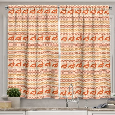 Kente Pattern Curtains 2 Panels Set, Abstract Tribal Ornament with Zigzags and Folk Stylized Birds, Window Drapes for Living Room Bedroom, 55W X 39L Inches, Orange Beige and White, by Ambesonne