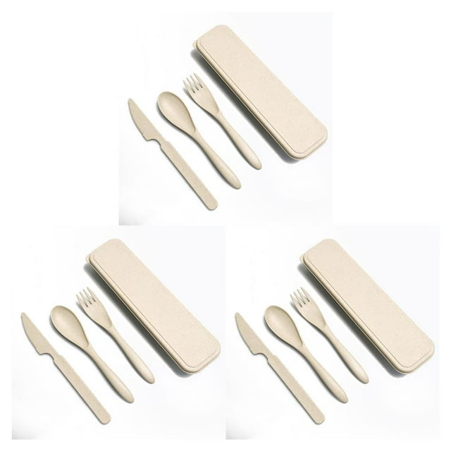 Decodeary Ensemble de Vaisselle Portable Lavable Réutilisable Couleur Unie Kit de Couverts pour Enfants Maison Camping Vacances Vaisselle Beige 3Ensemble