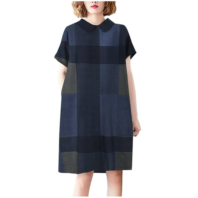 QIPOPIQ Robes pour Femmes pour Invité de Mariage Fête Manches Courtes Robes Décontractées Tendance Col Rabattu Robe d'Été Robe Trapèze 2023 Offres