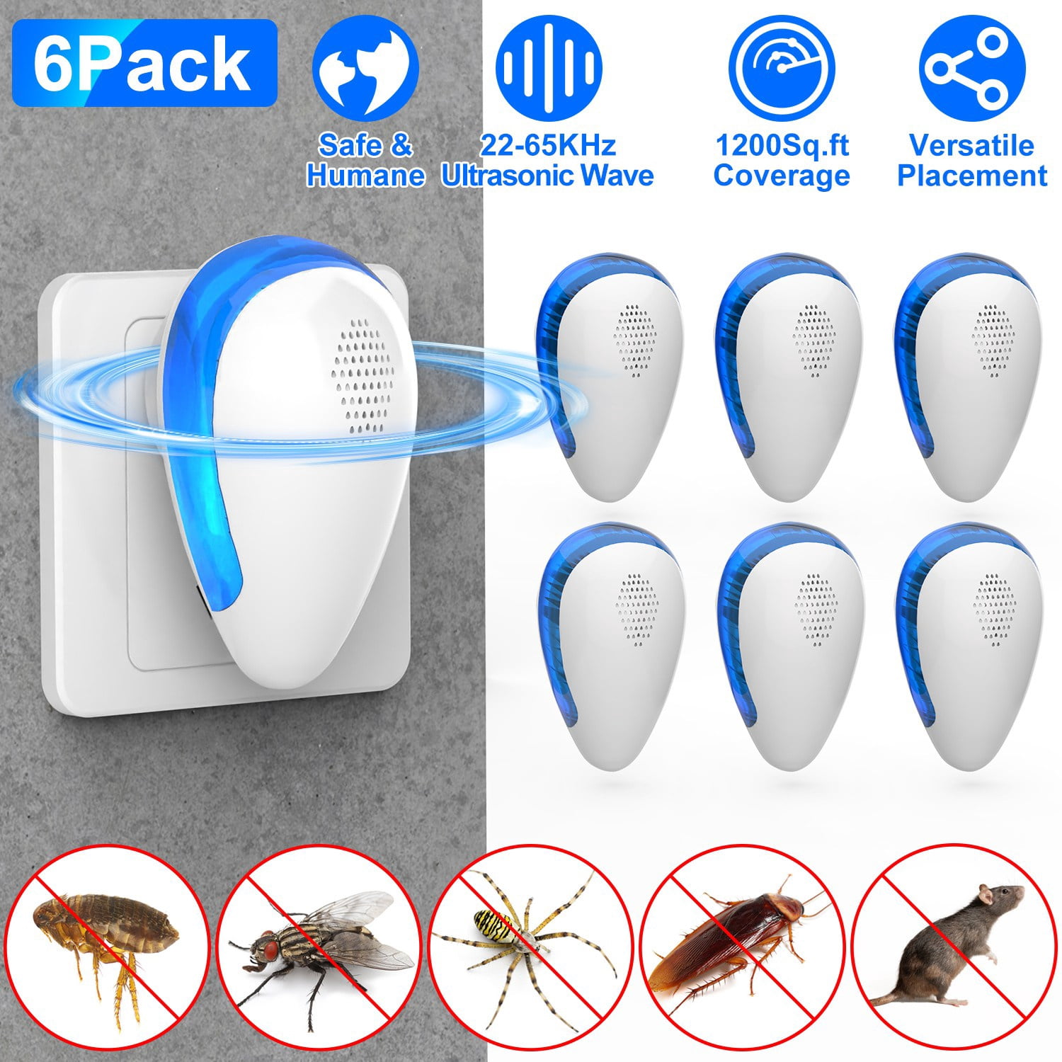 Astoutdoor Ultrasonic Pest Repeller 6-Pack, Plug-in Indoor Device, 22-65KHz Variable Frequency, White
