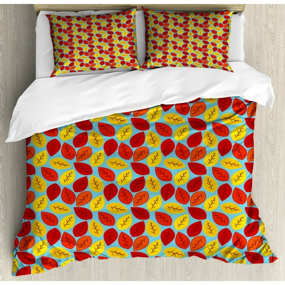 Fall Leaves Duvet Cover Set Queen Size, Cartoon Style Leaf Pattern on Blue Backdrop Botanical Art Print, Decorative 3 Piece Bedding Set with 2 Pillow Shams, Aqua Vermilion and Mustard, by Ambesonne