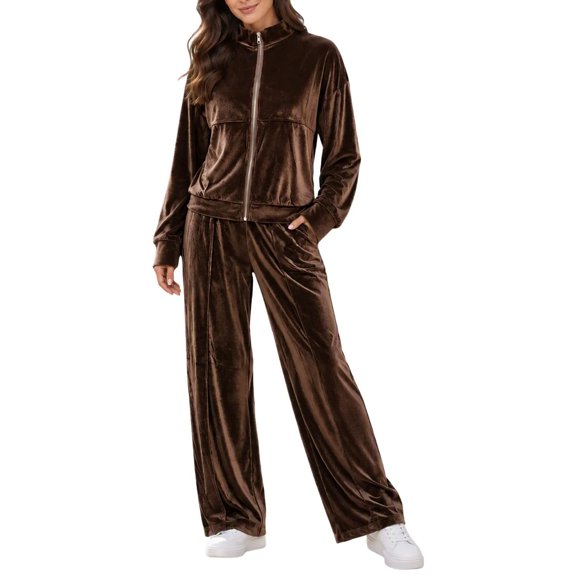 ClodeEU Women's Velvet Zip Up Tracksuit Set, Long Sleeve Jacket and Wide Leg Pants Outfit ,Women's S-XXL