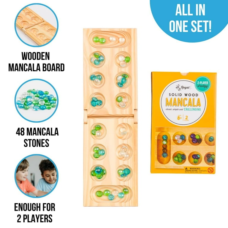 Regal Games Foldable Wooden Mancala Board Game with 48 Glass Stones, for  Ages 8 to Adult