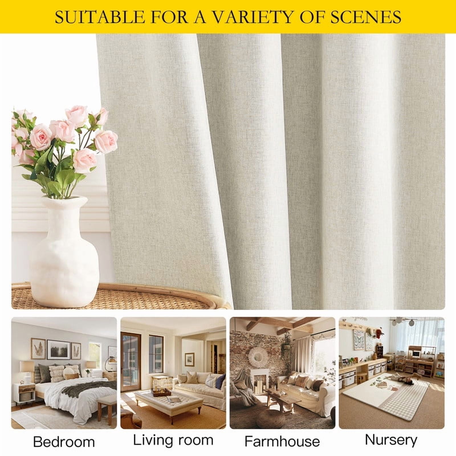 NICETOWN Full Blackout Curtains Faux Linen Noise Reducing Room Darkening Thermal Insulated Drapes, W52 x L72, Beige, Set of 2
