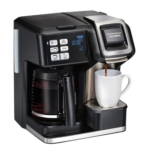 Cafetera Hamilton Beach FlexBrew 3 en 1 Programable para 12 Tazas, Compatible con K-Cup, Café Molido, Jarra de Vidrio y Taza Individual 1050W