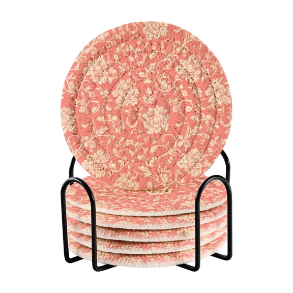 Haosy Set of 6 Drink Woven Coaster with Holder Heat Resistant Non-Slip Bar Coasters 4 Inches Elegant Coral Flower Plant