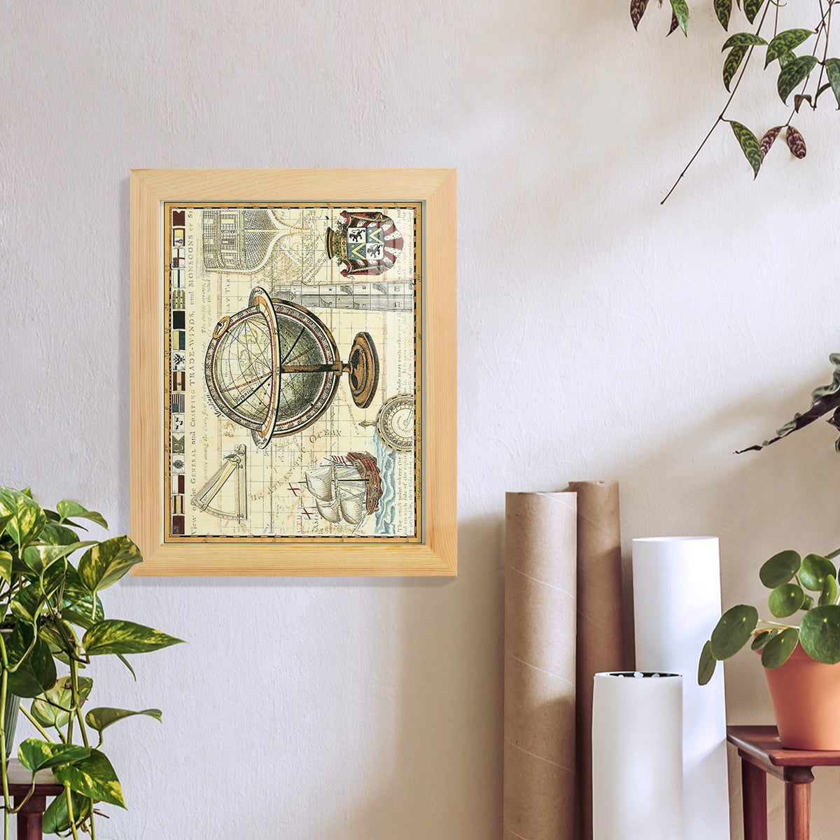 Nautical Map II -Framed Print w/glass-Natural Wood