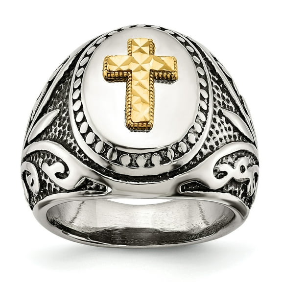 14K Gold Diamond Cut Cross on Stainless Steel Antique Style Oval Signet Ring Size 8, Religious Men's Ring Jewelry