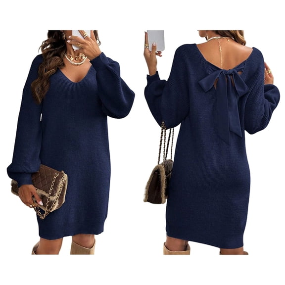 Women Backless Tied Long Lantern Sleeve Pullover Sweaters Fall Winter Trendy Clothes Royal Blue S