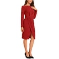thumbnail image 4 of INSPIRE CHIC Boat Neck Dress for Women's Long Sleeves Ruched Wear to Work Midi Split Sheath Dress S Red, 4 of 5