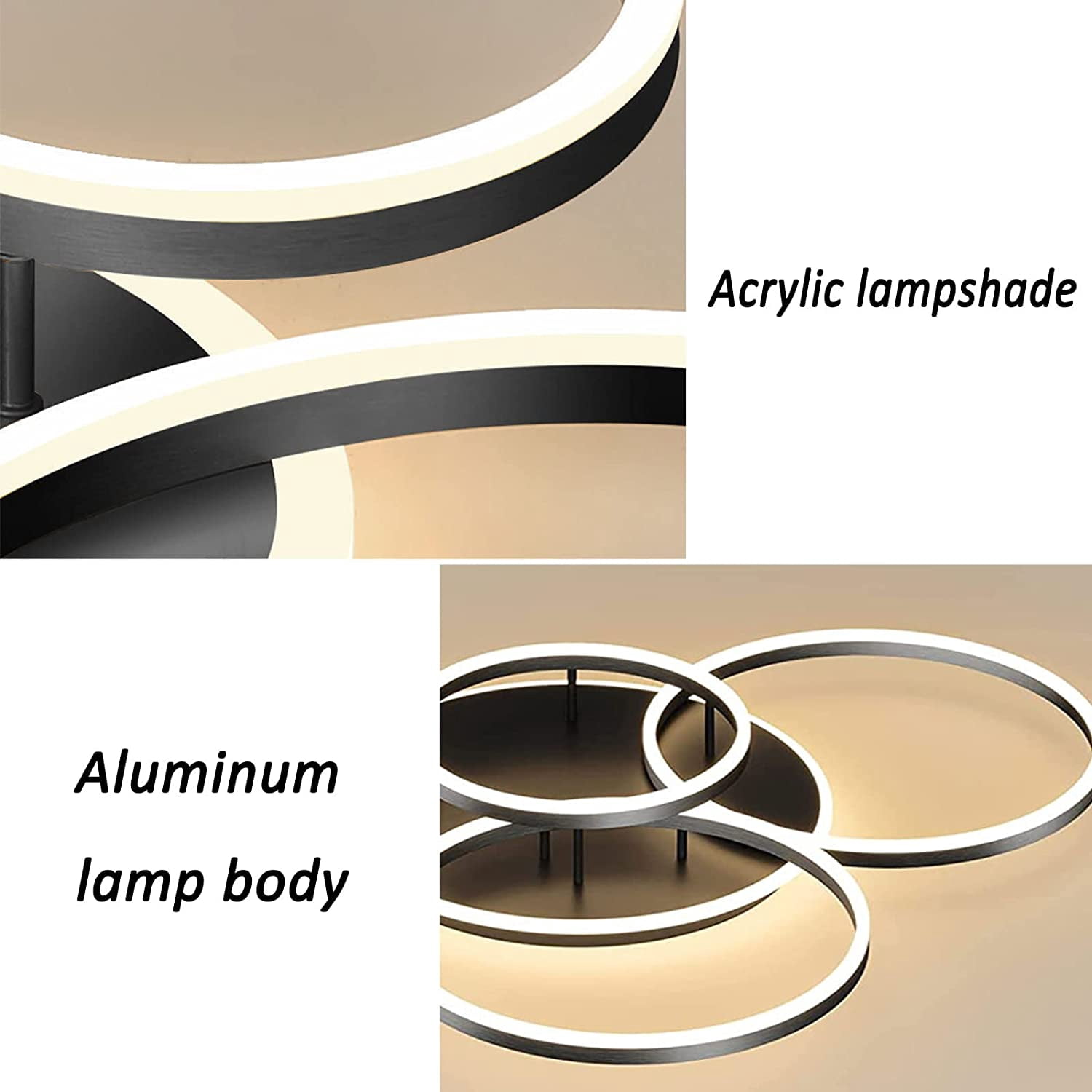Modern Led Flush Mount Ceiling Light, 5 Rings Light Fixtures 80W Dimmable with Remote Acrylic, (Black)