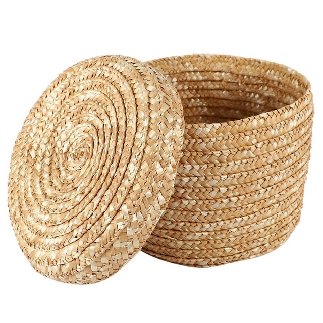 Cesta de almacenamiento tejida de paja de trigo Cesta decorativa rústica innovadora de color marrón natural (mediana)