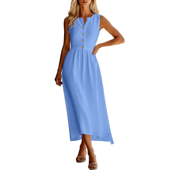 Kvture Women's Summer Flowy Maxi Dress Casual Button V Neck Sleeveless High Waisted Pleated Beach Long Dresses Light Blue