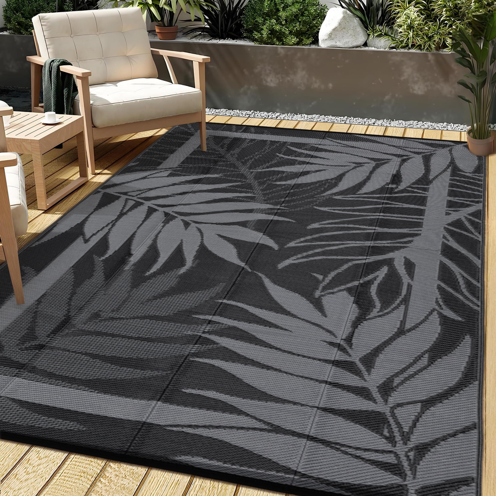 Soonbuy 8x10FT Outdoor Rug with Palm Leaf Pattern, Waterproof Reversible Patio Carpet, Fade Resistant Outdoor Area Rug with Heavy Duty Non-Slip Backing for Deck, Backyard, Pool, Porch, Living Room