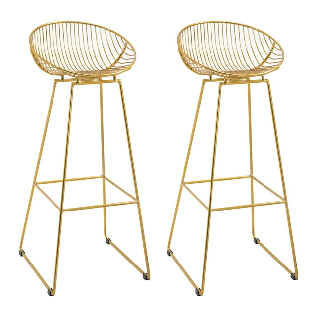 HOMCOM Bar stools Set of 2, Modern Tall Bar Chairs, Metal Breakfast Stools, Kitchen Stool Set with Backrest and Footrest, Steel Frame, Gold