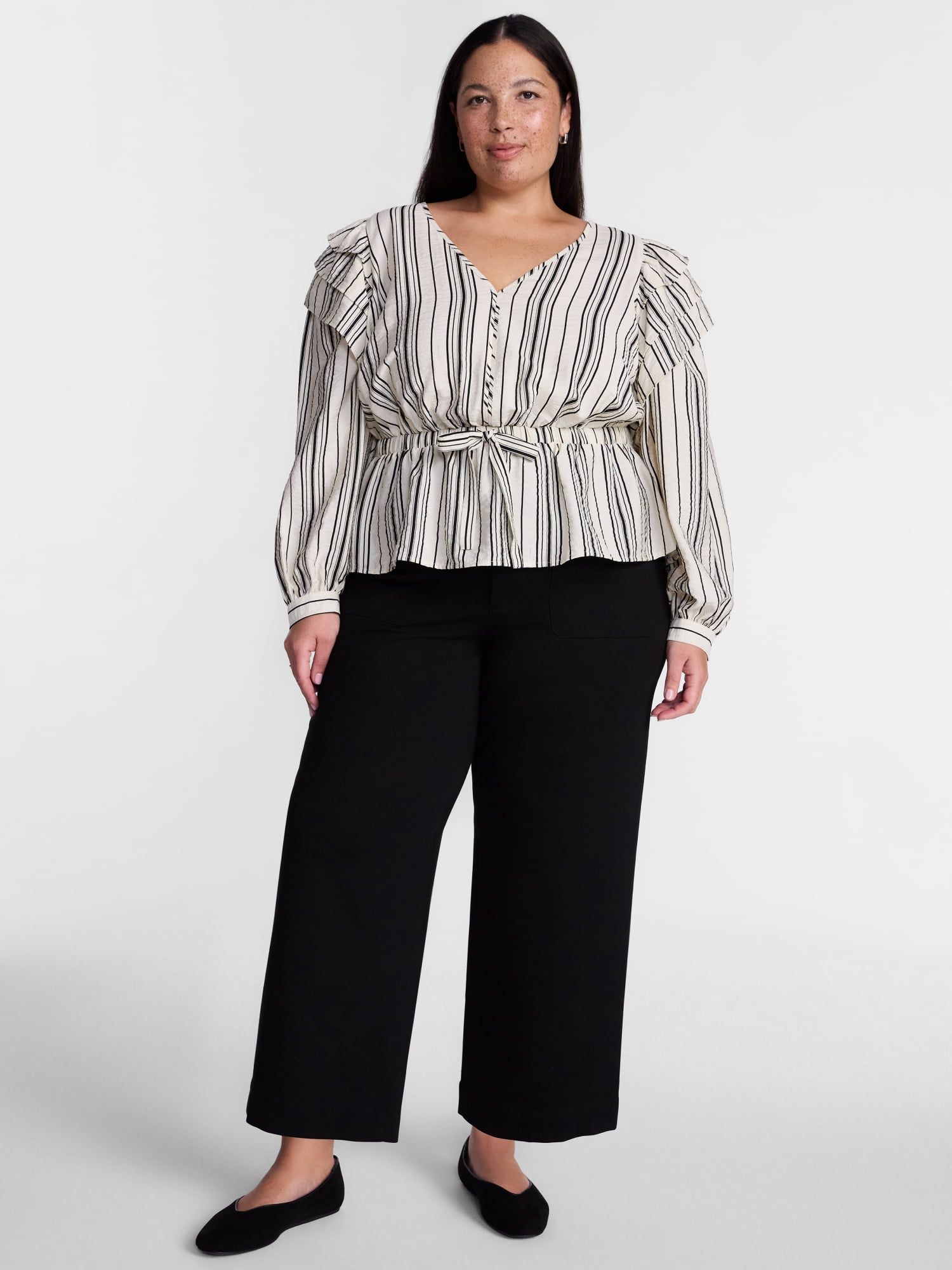 Terra & Sky Ruffled Shoulder Tie Waist Top with Long Puff Sleeves, Sizes 0X-5X