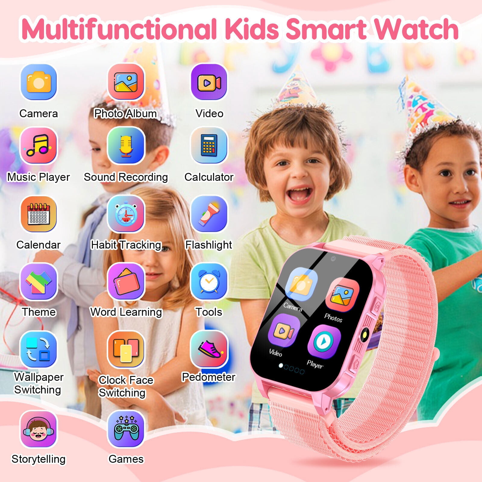 TOPCHANCES Kids Smart Watch for Boys Girls, Touch Screen Smartwatch with 30 Games, 140 Learning Cards, Storytelling, Camera, Video, Music Player, Pedometer (Pink)