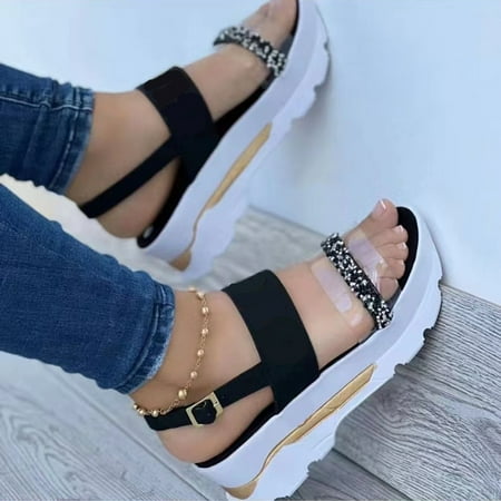 

Homadles Women s Sandals- on Clearance in Store in Wide Width Beach Flats Casual Rhinestone Sandals Shoes Black Size 6.5