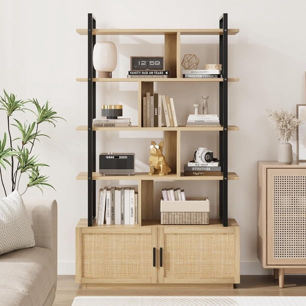 Qinaqin 71.1 Inch Alto Industrial Rattan Bookshelf 5 Estante de Profundidadsign con Almacenamiento Puerta y Abierto cm Profundidadisplay Shelves Metálico Frame para Living Sala de