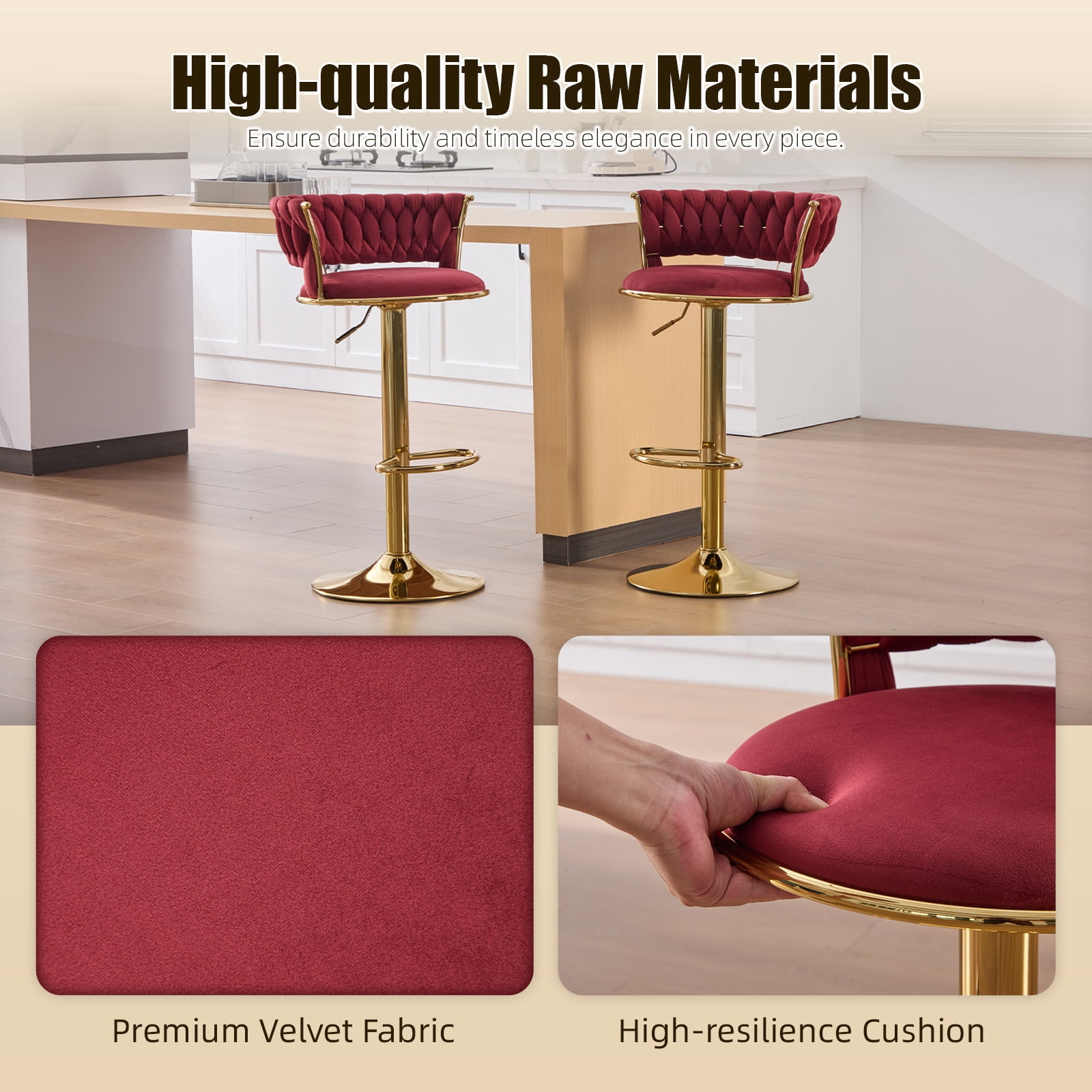 MOONMISS Bar Stools Set of 2, Adjustable Swivel Barstools, Velvet Counter Height Bar Chair with Back and Footrest for Kitchen Island Dining Room Café Pub,Wine Red