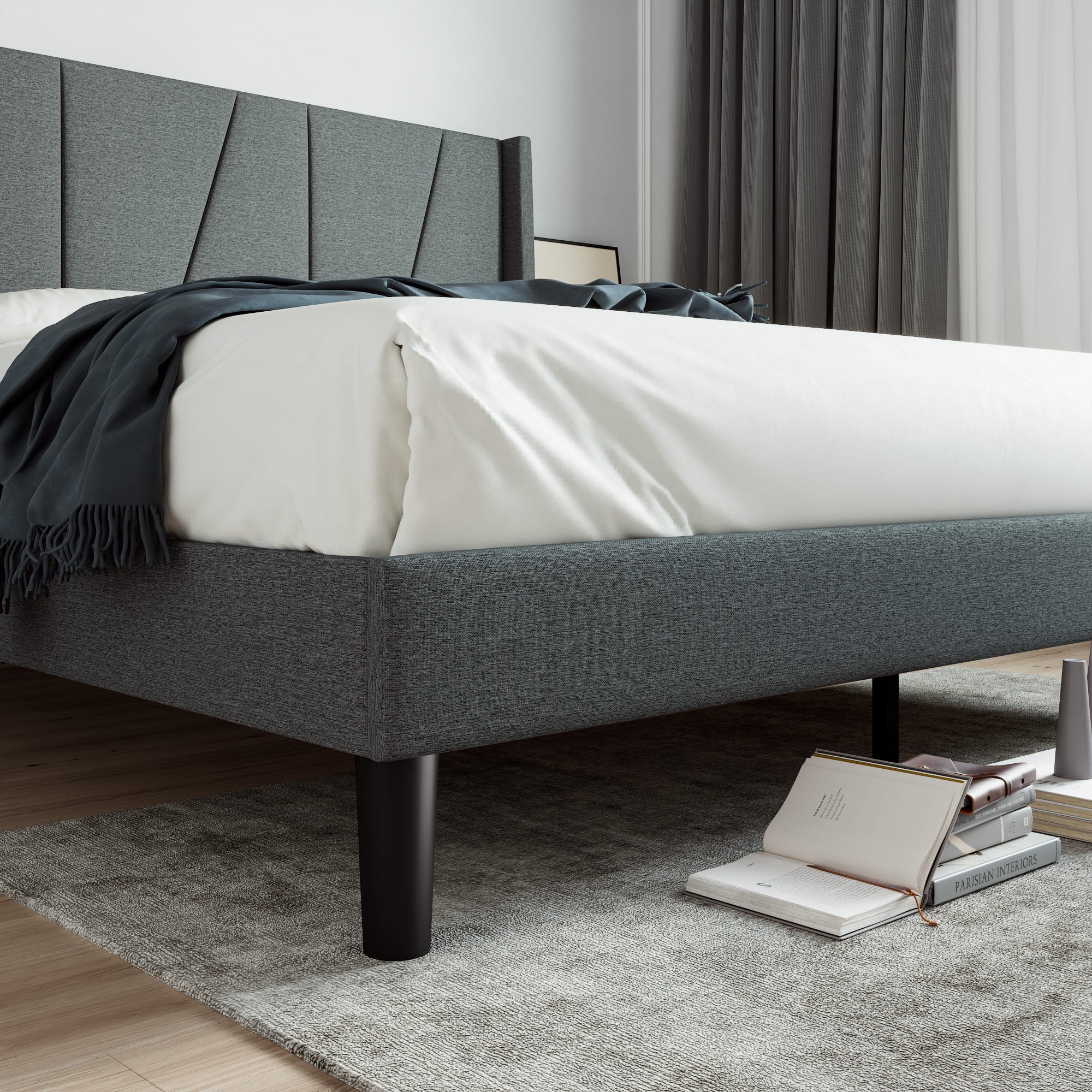 Sha Cerlin King Bed Frame, Upholstered Platform Bed with Wingback and Geometric Headboard, Gray