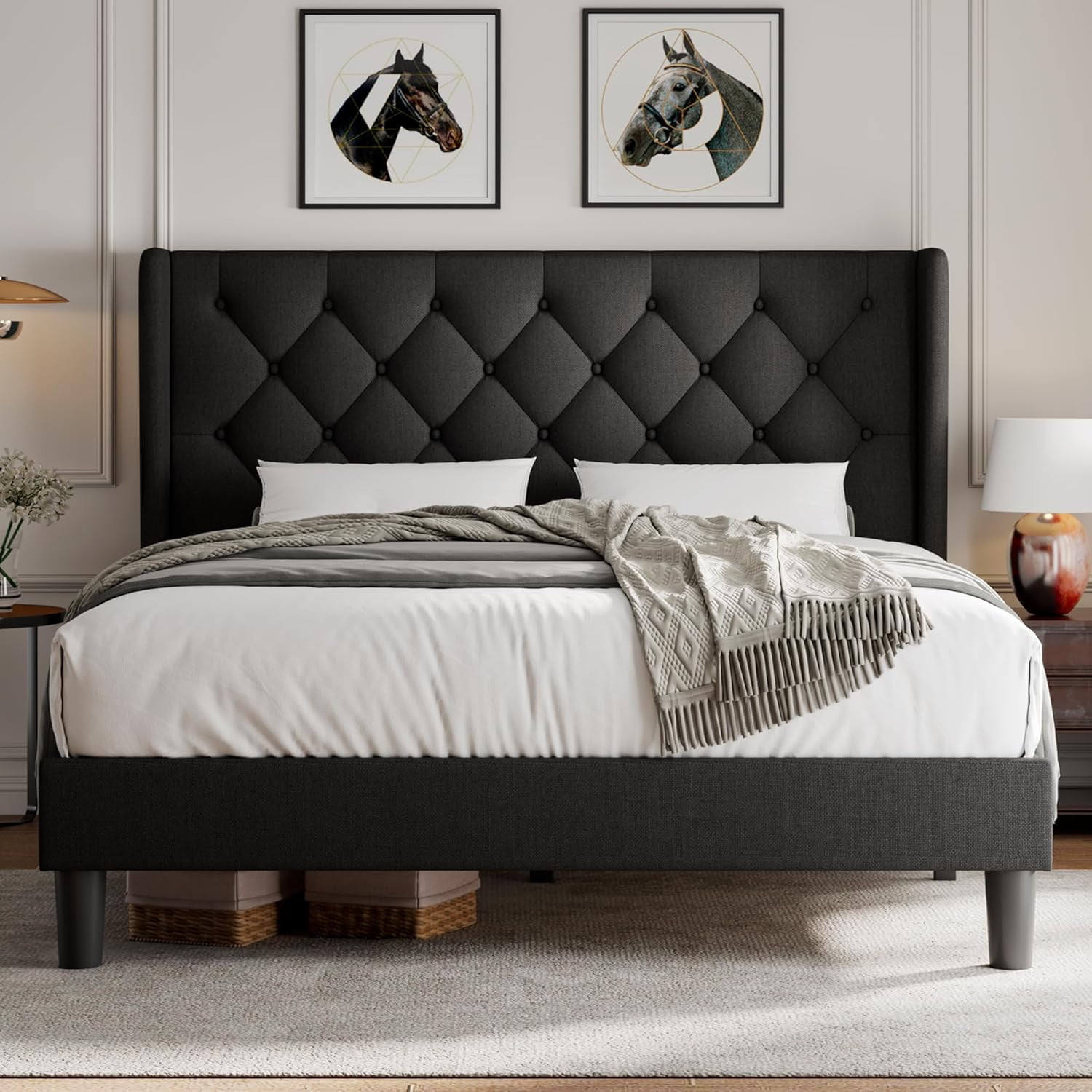 iPormis Queen Size Bed Frame with Diamond Button Tufted Wingback Headboard, Upholstered Platform Bed Frame with Strong Wood Slat Support, No Box Spring Needed,Black