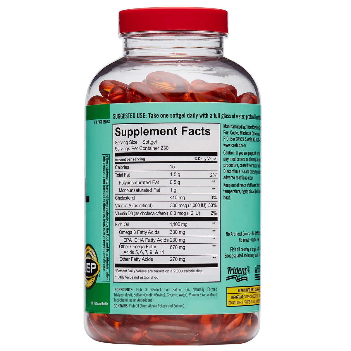 2 Pack| Kirkland Signature Wild Alaskan Fish Oil 1400 mg., 230 Softgels