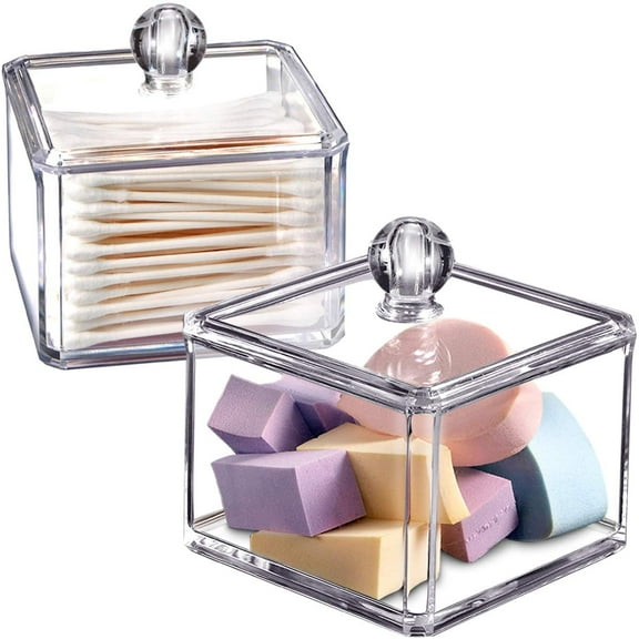 Modern Square Qtip Holder Acrylic Bathroom Vanity Countertop Storage Organizer Canister Jar for Cotton Swabs, Rounds, Balls, Makeup Sponges, Bath Salts - 2 Pack - Clear