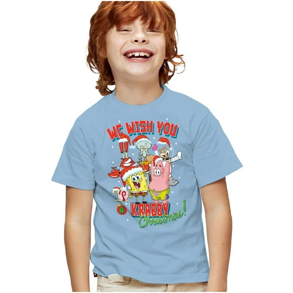 SpongeBob SquarePants Crabby Christmas Kids T Shirt for Youth Boys and Girls, Light Blue, Large