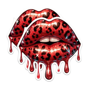 (2 Pack) Red Cheetah Print Dripping Juicy Lips Stickers - 5 Inches On Longest Side - Premium Vinyl - for Cars, Trucks, Skateboards, Laptops - Made in USA - BMCS1696