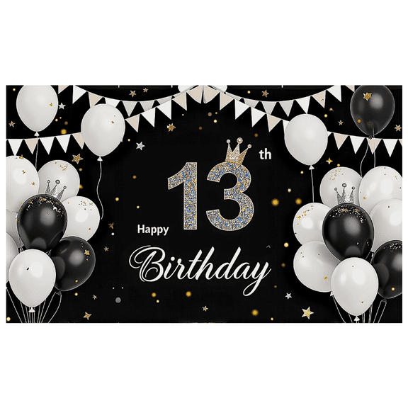 Black Background Birthday Banner with Glittery 13th Crown Balloons Party Supplies Photography Props Happy Birthday Decors Backdrop for Party Celebrations Photo Booth Decorations