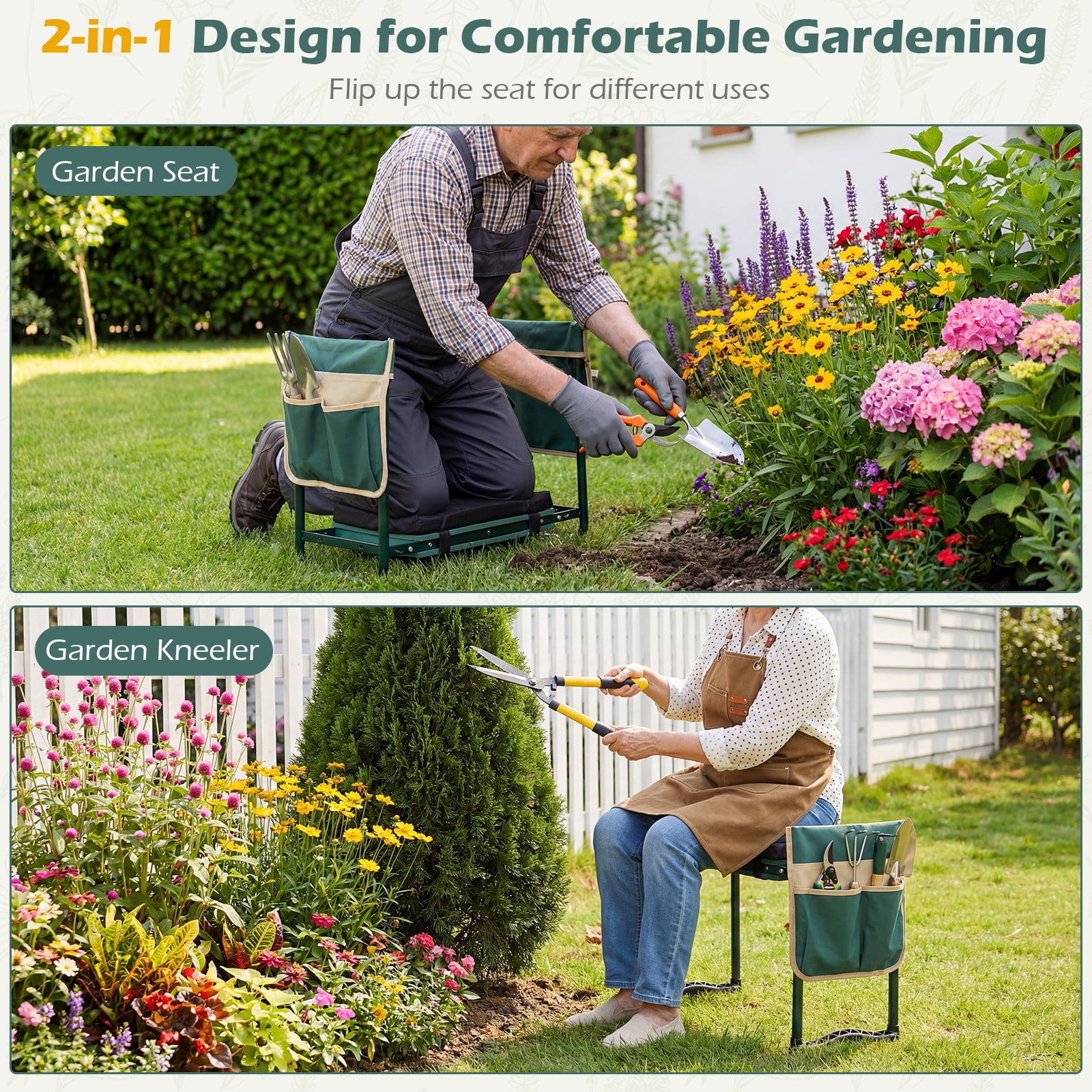 Costway Foldable Garden Kneeler and Seat, 2-in-1 Gardening Bench, Detachable EVA Foam Pad Green
