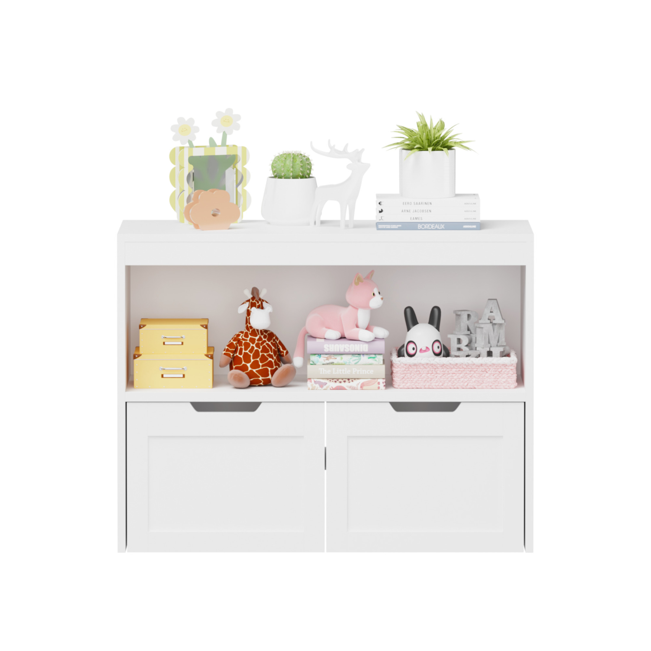Noble House 31.5" Kids Book Organizer and Toy Storage Cabinet, 2 Drawer Rolling Toy Chest with Open Shelves, White