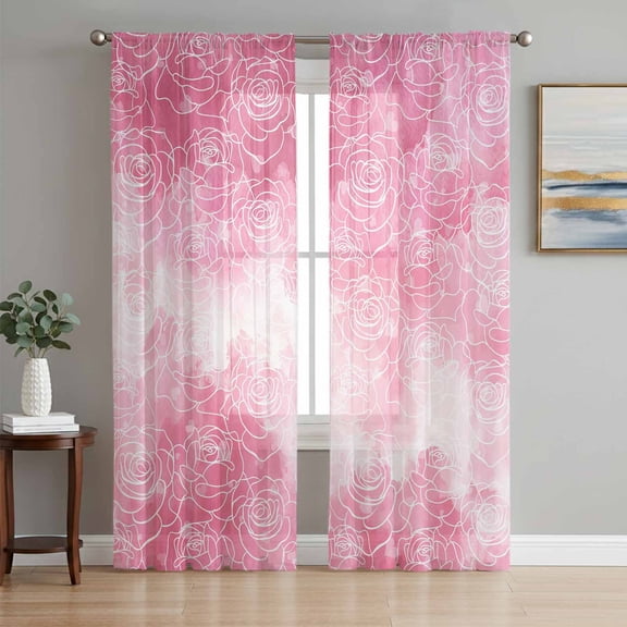 Valentine's Day Sheer Curtains 84 Inch Length 2 Panels Set, Watercolor Roses Floral Ombre Romantic Voile Window Treatment Rod Pocket Curtains Sheers Drapes for Bedroom/Living Room/Kitchen 52"x84"x2