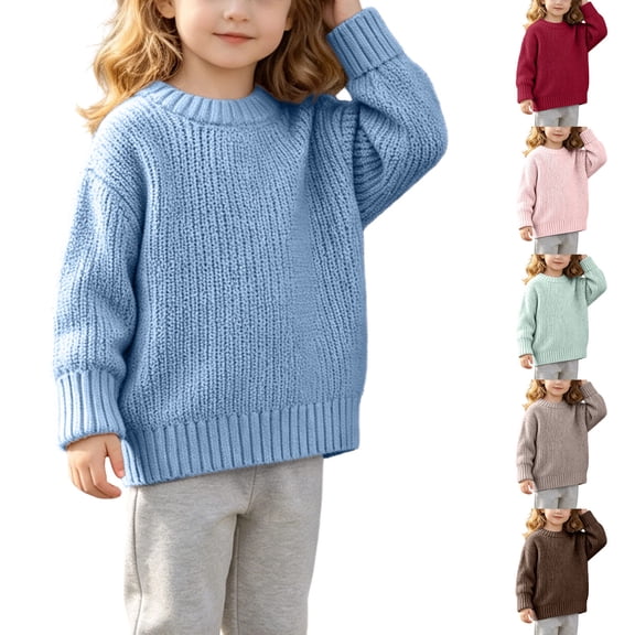 Girls Baggy Oversized Chunky Knit Crew Neck Jumper, Wide Rib Trim Long Sleeve Solid Color Sweater Red 12 Months