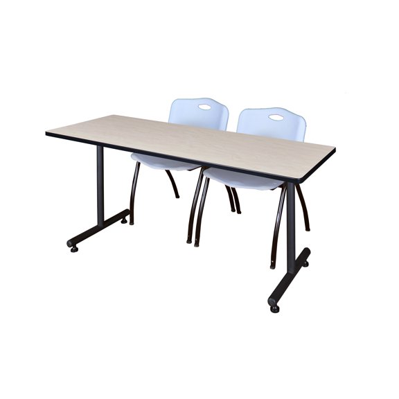 Regency Kobe 66 x 30 in. T-Base Training Seminar Table- Maple, 2 M Stack Chairs- Grey