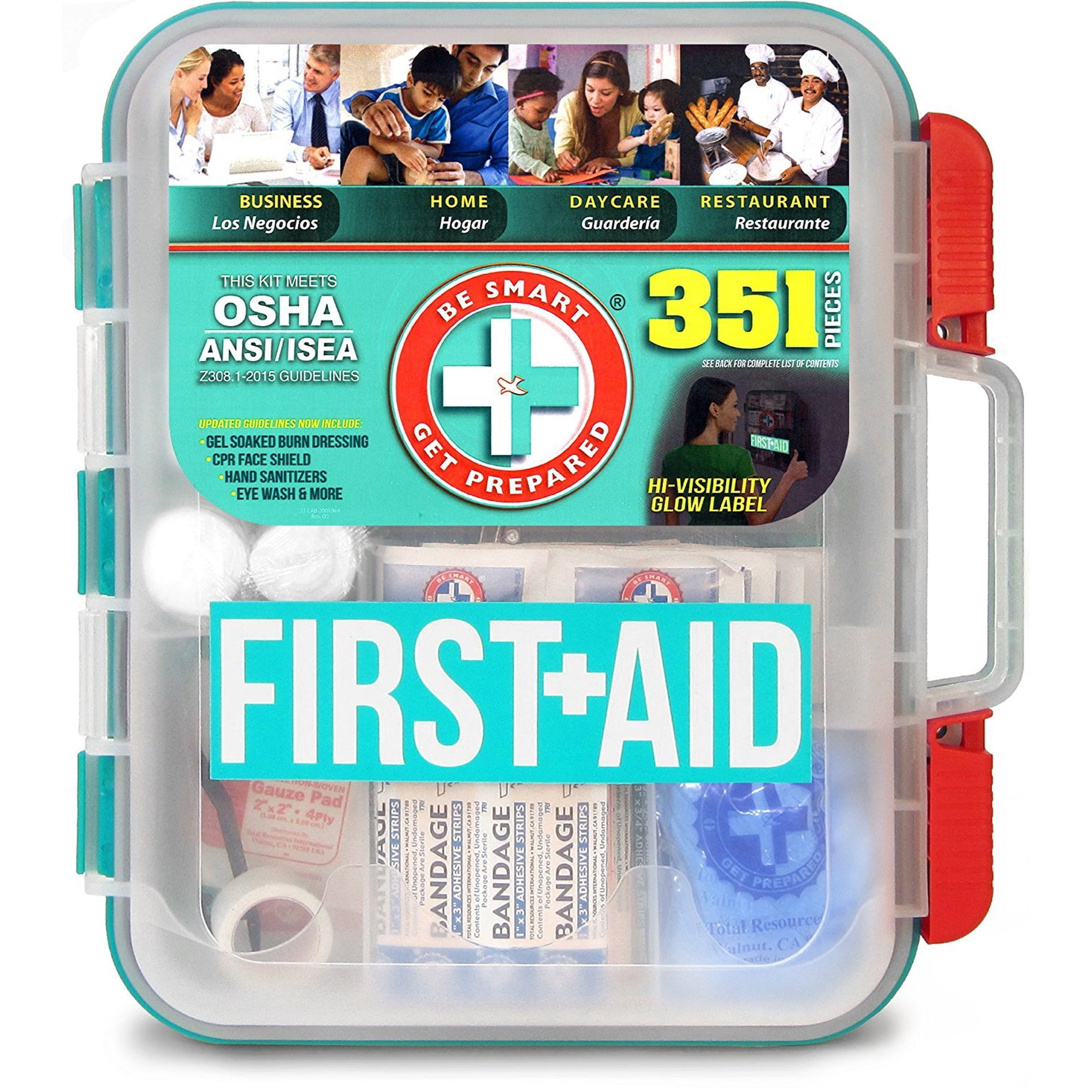 Be Smart Get Prepared 351 Piece First Aid Kit, Exceeds OSHA ANSI 2015 Standards for 100 People - Workplace, Home, Car, School, Emergency, Survival, Camping, Hunting, and Sports