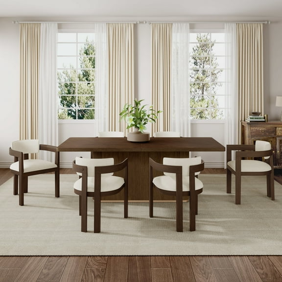 Christopher Knight Home 7-Piece Dining Set, 84" Walnut Rectangular Table with Beige Upholstered Armrest Chairs