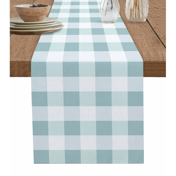 Table Runner 48 Inches Long for Kitchen Dining, Aqua White Buffalo Check Dresser Scarf Farmhouse, Dining Table Decorations for Wedding/Parties, Farmhouse Plaid Modern Geometric 13 x 48 In