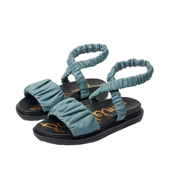 Sam Edelman Velma Blue Rounded Open Toe Strappy Ankle Cuff Wedge Heeled Sandals (Blue, 9)