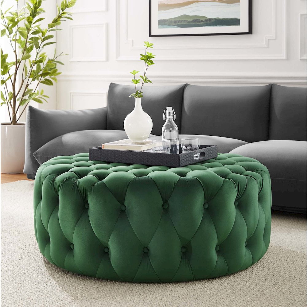 Modway Amour Modern Button Tufted Round Velvet Ottoman in Emerald Green