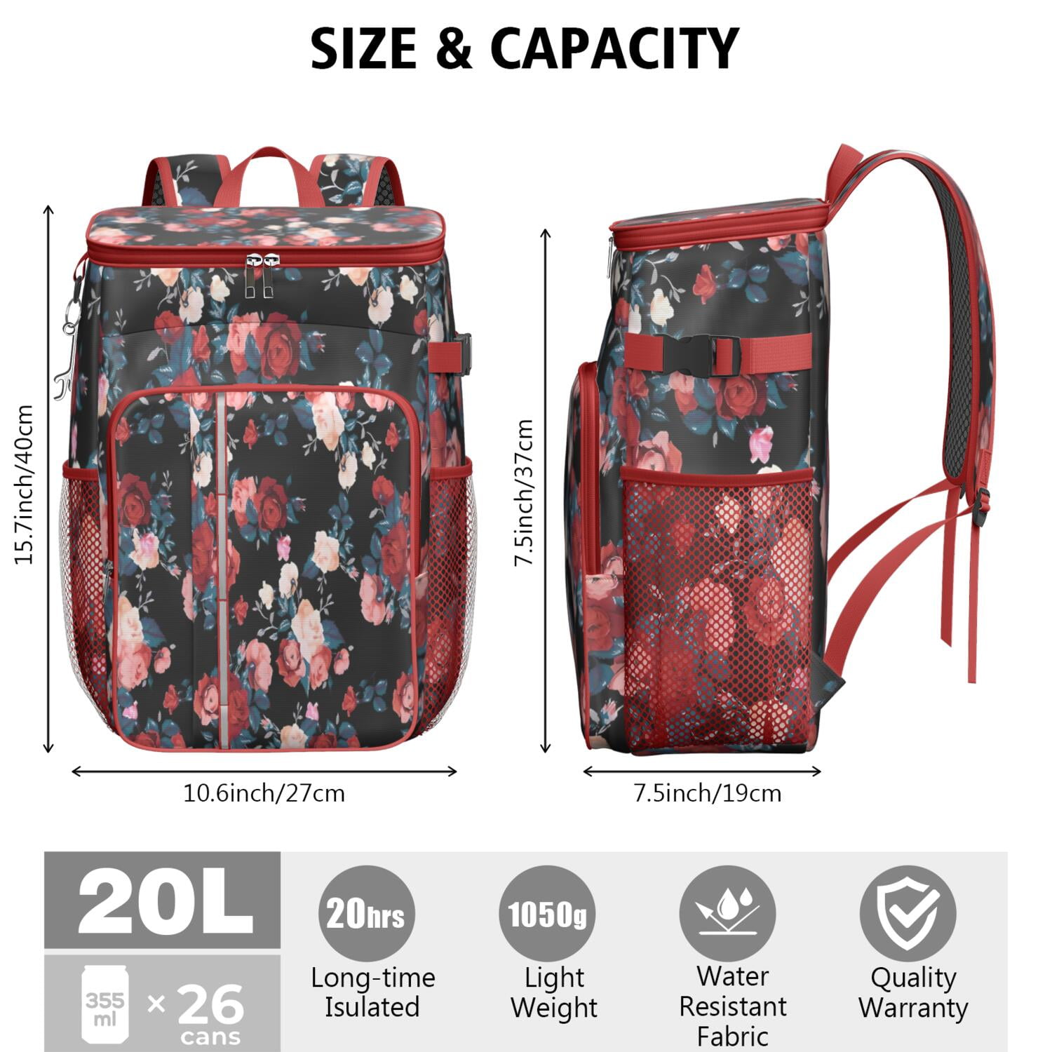 Travel Cooler Bag - Pioneer Flower Floral Print Pattern Camping Beer Cooler Backpack with Bottle Opener- Waterproof Insulated Picnic Backpacks - Cooler Bag for Beach