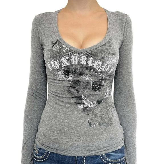 Fiaer Retro T Shirts for Women Deep V Neck Long Sleeve Tshirts Slim Fit Casual Fall Fashion Comfort Tops Grey XL